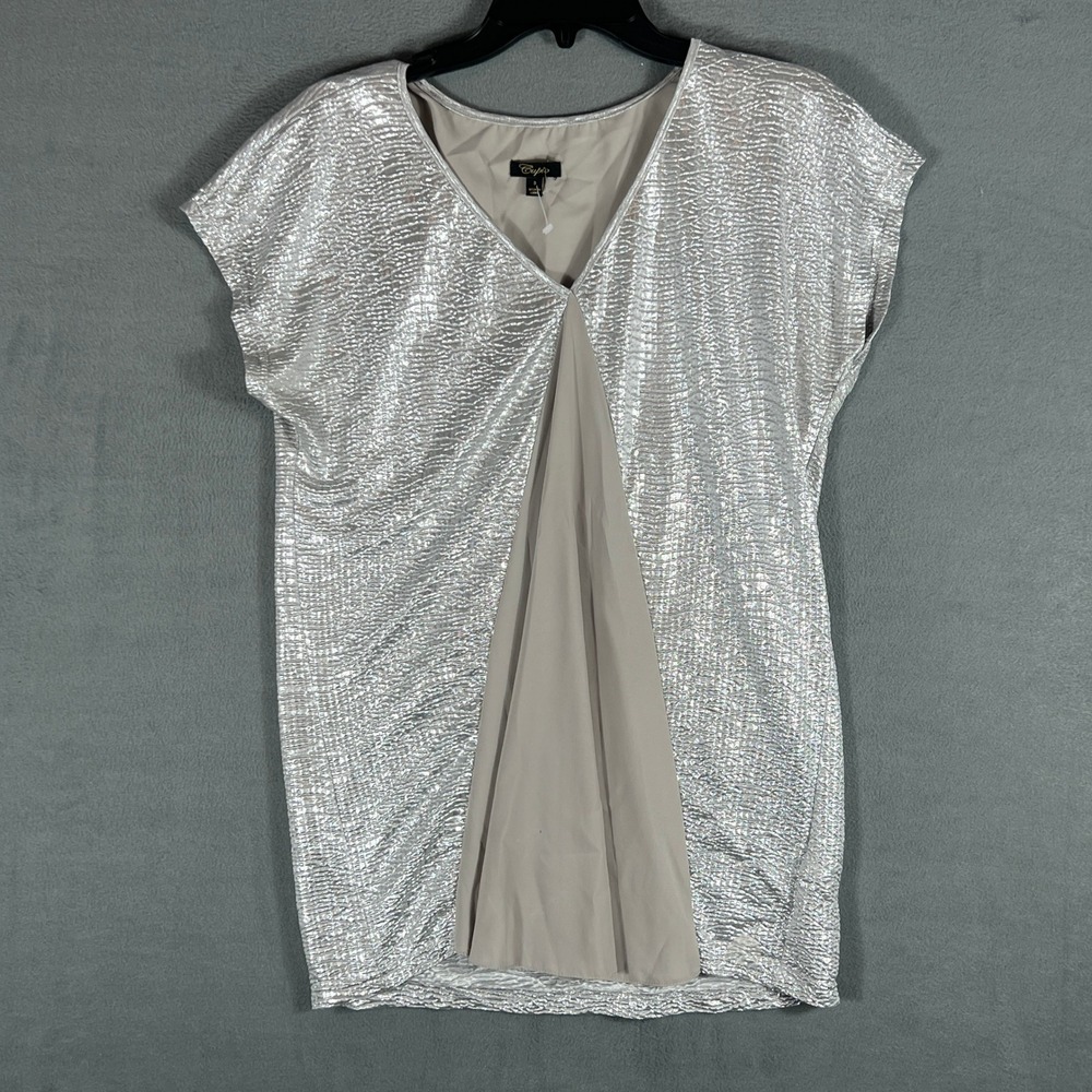 Cupio Womens Top Size S Silver Metallic Textured V-Neck Cap Sleeve Pleated Front